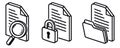 Isometric line art document icons set featuring a magnifying glass, a padlock, and a folder for data management and security Royalty Free Stock Photo