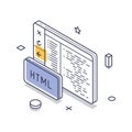 Isometric line art icon representing web development with HTML coding and interface elements