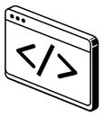 Isometric line art illustration of a browser window depicting coding symbols for web development Royalty Free Stock Photo