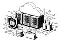 Isometric line art illustration of cloud computing and network security depicting protected data servers and digital Royalty Free Stock Photo