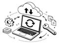 Isometric line art illustration of a cloud computing process depicting data synchronization and system maintenance for Royalty Free Stock Photo
