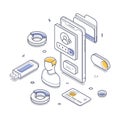 Isometric line art illustration of personal data management in modern technology setup Royalty Free Stock Photo
