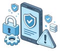 Isometric line art mobile security concept set featuring a smartphone, padlock, and shield icons for data protection and Royalty Free Stock Photo