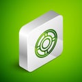 Isometric line Ashtray icon isolated on green background. Silver square button. Vector Illustration