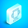Isometric line Award cup with bicycle icon isolated on blue background. Winner trophy symbol. Championship or Royalty Free Stock Photo