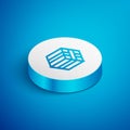 Isometric line Bale of hay icon isolated on blue background. White circle button. Vector Royalty Free Stock Photo