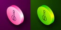 Isometric line Banjo icon isolated on purple and green background. Musical instrument. Circle button. Vector