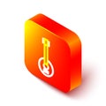 Isometric line Banjo icon isolated on white background. Musical instrument. Orange square button. Vector Illustration