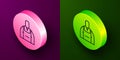 Isometric line Barista icon isolated on purple and green background. Circle button. Vector Illustration