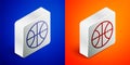 Isometric line Basketball ball icon isolated on blue and orange background. Sport symbol. Silver square button. Vector Royalty Free Stock Photo