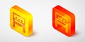 Isometric line BBQ brazier icon isolated on grey background. Yellow and orange square button. Vector