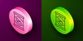 Isometric line Beans in can icon isolated on purple and green background. Circle button. Vector
