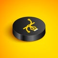 Isometric line Bezier curve icon isolated on yellow background. Pen tool icon. Black circle button. Vector