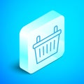 Isometric line Bicycle basket icon isolated on blue background. Silver square button. Vector Royalty Free Stock Photo