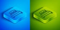 Isometric line Big bed for two or one person icon isolated on blue and green background. Square button. Vector Royalty Free Stock Photo