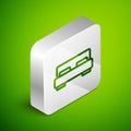 Isometric line Big bed for two or one person icon isolated on green background. Silver square button. Vector Royalty Free Stock Photo