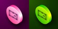 Isometric line Billiard table icon isolated on purple and green background. Pool table. Circle button. Vector