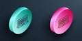 Isometric line Binary code icon isolated on black background. Turquoise and pink circle button. Vector Royalty Free Stock Photo