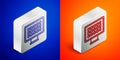 Isometric line Binary code icon isolated on blue and orange background. Silver square button. Vector
