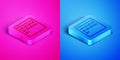 Isometric line Binary code icon isolated on pink and blue background. Square button. Vector Royalty Free Stock Photo