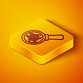 Isometric line Biohazard and magnifying glass icon isolated on orange background. Yellow square button. Vector Royalty Free Stock Photo