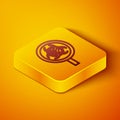 Isometric line Biohazard and magnifying glass icon isolated on orange background. Yellow square button. Vector Royalty Free Stock Photo