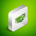 Isometric line Blank template of the bank check and pen icon isolated on green background. Checkbook cheque page with