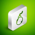 Isometric line Bomb ready to explode icon isolated on green background. Silver square button. Vector