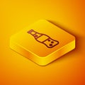 Isometric line Bottle of water icon isolated on orange background. Soda aqua drink sign. Yellow square button. Vector