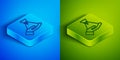 Isometric line Bribe money bag icon isolated on blue and green background. Bill currency. Square button. Vector