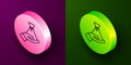 Isometric line Bribe money bag icon isolated on purple and green background. Bill currency. Circle button. Vector