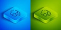 Isometric line Broken or cracked lock icon isolated on blue and green background. Unlock sign. Square button. Vector Royalty Free Stock Photo