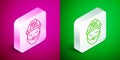 Isometric line Builder icon isolated on pink and green background. Construction worker. Silver square button. Vector