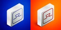 Isometric line Buzzer in electronic circuit icon isolated on blue and orange background. Silver square button. Vector