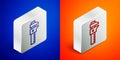 Isometric line Calliper or caliper and scale icon isolated on blue and orange background. Precision measuring tools