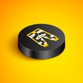 Isometric line Camouflage cargo pants icon isolated on yellow background. Black circle button. Vector
