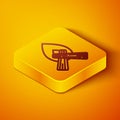 Isometric line Campfire icon isolated on orange background. Burning bonfire with wood. Yellow square button. Vector