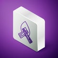 Isometric line Campfire icon isolated on purple background. Burning bonfire with wood. Silver square button. Vector