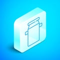 Isometric line Can container for milk icon isolated on blue background. Silver square button. Vector Royalty Free Stock Photo