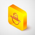 Isometric line Canadian ranger hat uniform icon isolated on grey background. Yellow square button. Vector