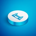 Isometric line Capilano Suspension Bridge in Vancouver, Canada icon isolated on blue background. White circle button