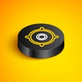 Isometric line Car audio speaker icon isolated on yellow background. Black circle button. Vector Royalty Free Stock Photo