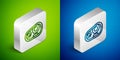 Isometric line Car headlight icon isolated on green and blue background. Silver square button. Vector Royalty Free Stock Photo