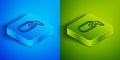 Isometric line Car rearview mirror icon isolated on blue and green background. Square button. Vector Illustration