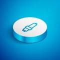 Isometric line Car spark plug icon isolated on blue background. Car electric candle. White circle button. Vector