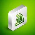 Isometric line Cash register machine with a check icon isolated on green background. Cashier sign. Cashbox symbol