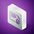 Isometric line Certificate template icon isolated on purple background. Achievement, award, degree, grant, diploma