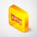 Isometric line Chest of drawers icon isolated on grey background. Yellow square button. Vector