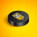 Isometric line Chevron icon isolated on yellow background. Military badge sign. Black circle button. Vector
