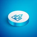 Isometric line Church building icon isolated on blue background. Christian Church. Religion of church. White circle